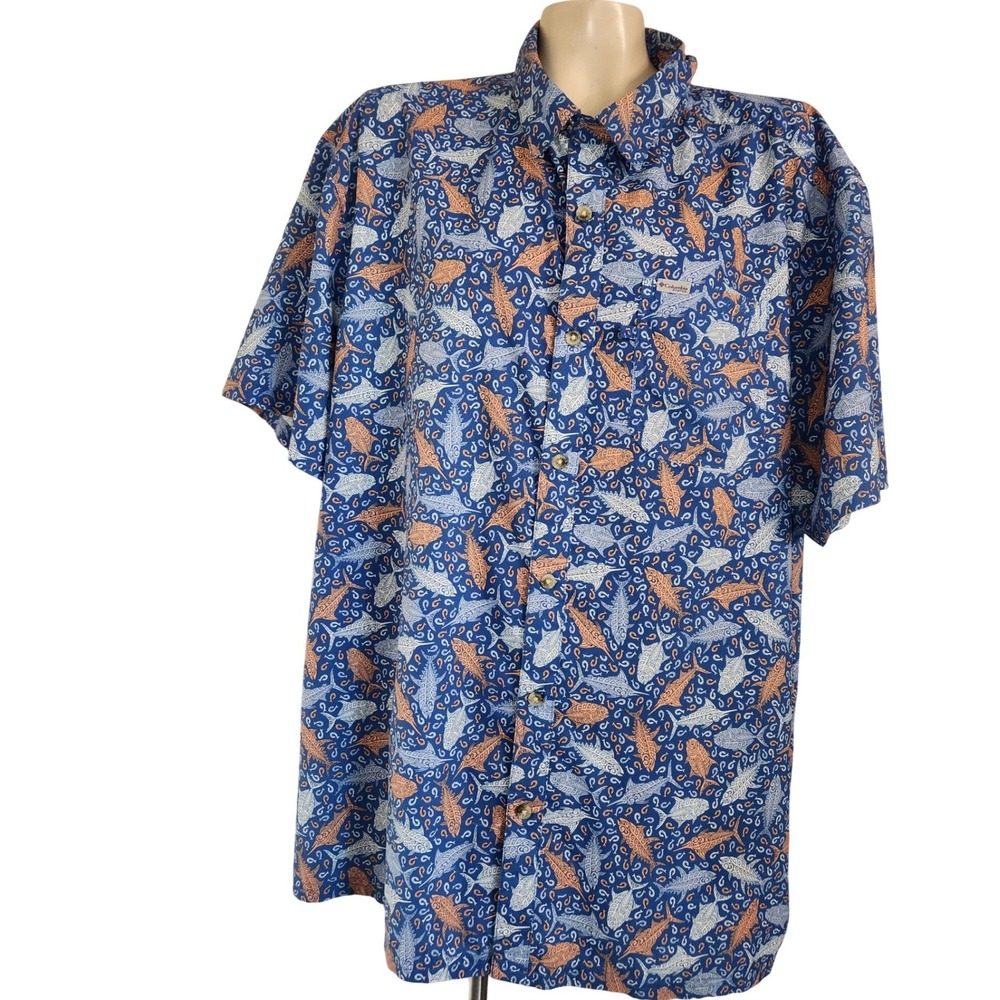 Columbia PFG Mens XXL Blue Tribal Fish Print Short Sleeve Fishing Shirt beach
